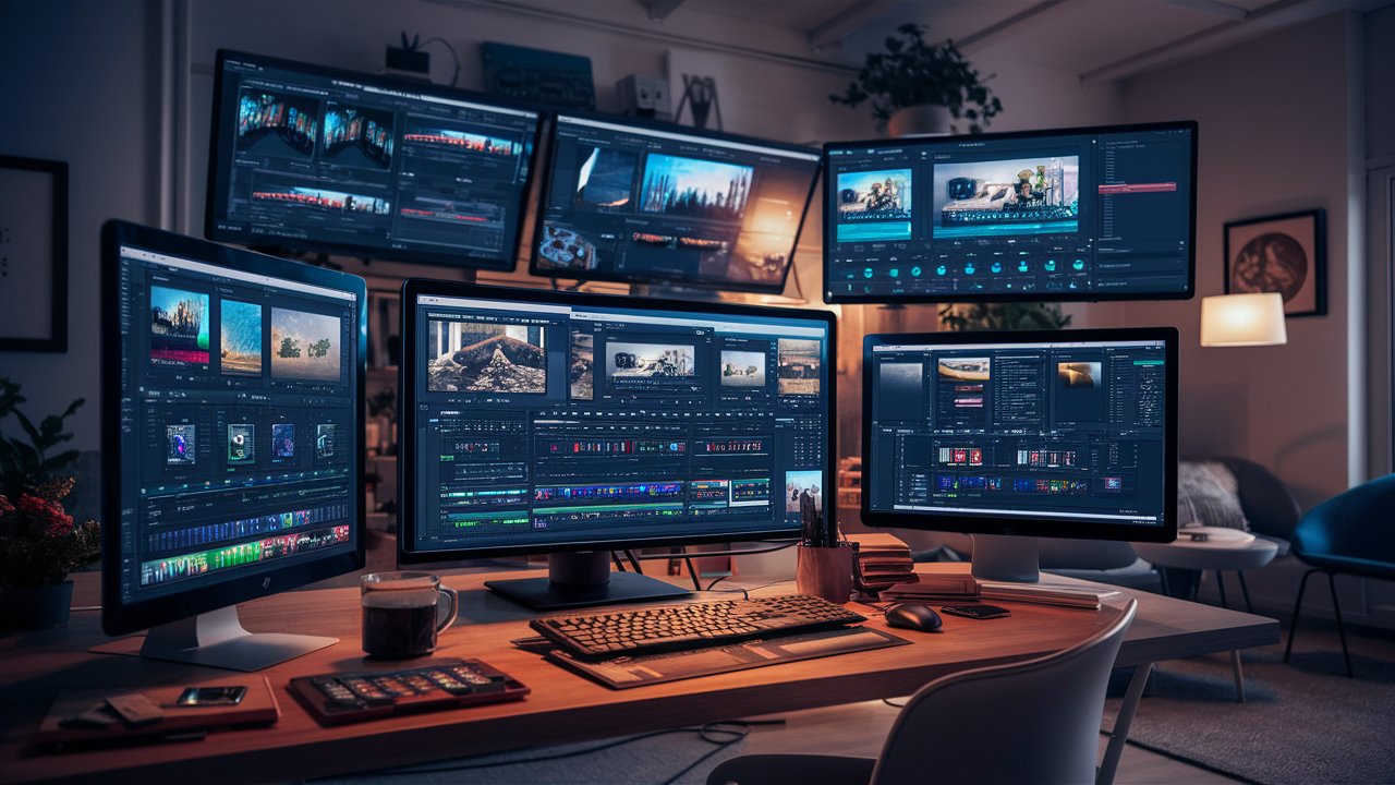 Multiple computer monitors on a desk showcasing video editing software program open on each screen. A workspace featuring several monitors displaying video editing software for Windows 11.